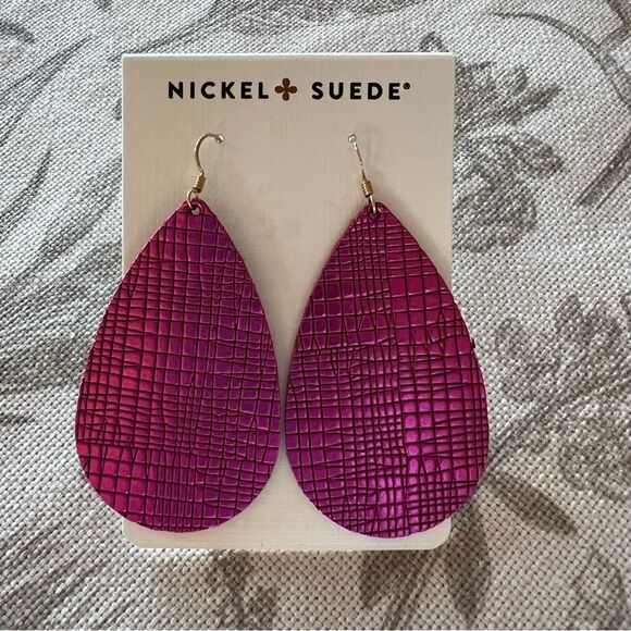 Nickel & Suede Full Grain Leather Nickel Free Textured Fuchsia Teardrop Earrings - Picture 9 of 12